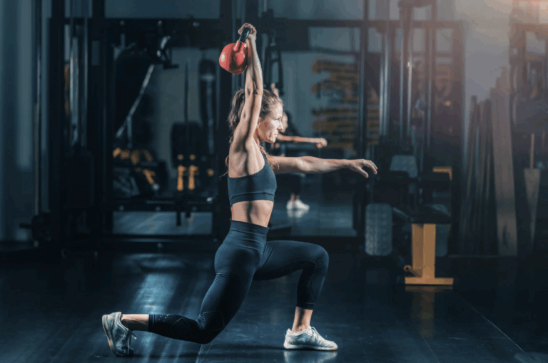 woman lunging with kettlebell